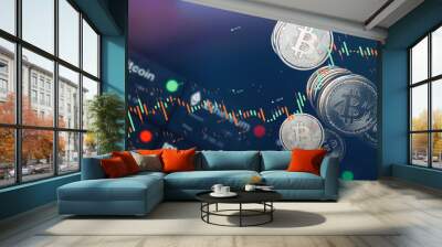 Bitcoin coins and trading chart scene (3D Illustration) Wall mural