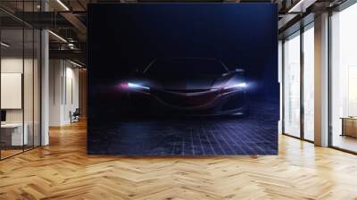 Futuristic car in cinematic dark tech environment (3D Illustration) Wall mural