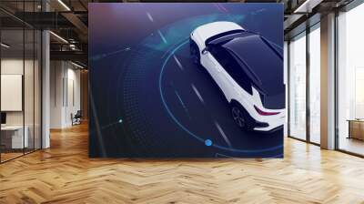 Futuristic car in motion concept scene with technology user interface details (3D Illustration) Wall mural