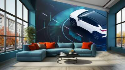 Futuristic car in motion concept scene with technology user interface details (3D Illustration) Wall mural