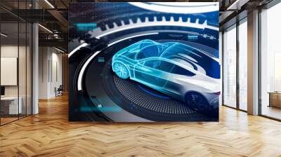 Futuristic car technology concept with wireframe intersection (3D illustration) Wall mural