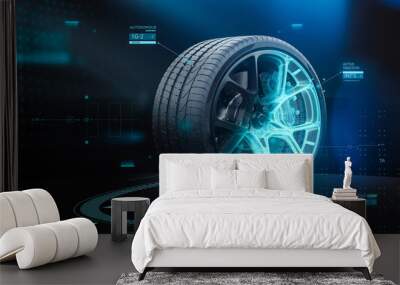 Futuristic sports car tyre technology concept with rim wireframe intersection (3D illustration) Wall mural