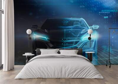 Futuristic sports car wireframe intersection with custom LED lights (3D Illustration) Wall mural