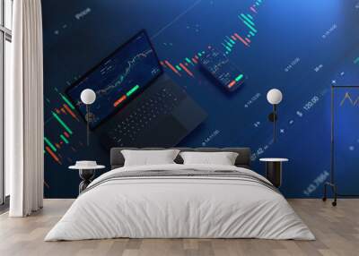 Futuristic stock exchange scene with laptop, mobile phone, chart, numbers and SELL and BUY options (3D illustration) Wall mural