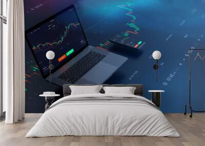 Futuristic stock exchange scene with laptop, mobile phone, chart, numbers and SELL and BUY options (3D illustration) Wall mural