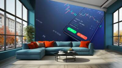 Futuristic stock exchange scene with mobile phone, chart, numbers and SELL and BUY options (3D illustration) Wall mural