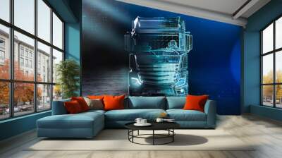 Futuristic truck scene with  wireframe intersection (3D Illustration) Wall mural