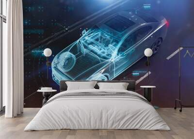 Modern car technology concept with wireframe intersection (3D illustration) Wall mural