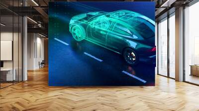 Modern car technology concept with wireframe intersection (3D illustration) Wall mural