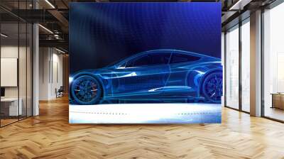 Wireframe of sports car in dark environment (3D Illustration) Wall mural