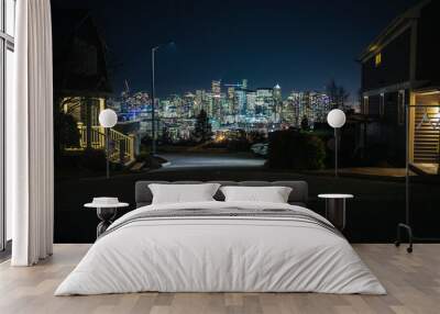 Seattle Neighborhood Residential Street View of Bright City Skyline at Night Wall mural