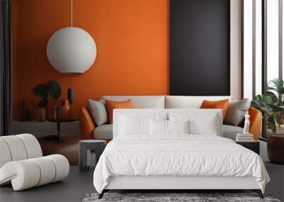 Living room have orange leather sofa and decoration minimal on two tone wall Wall mural