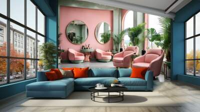 Luxury pink beauty care salon interior with large mirrors, green armchairs in row on grey concrete floor. Dresser with accessories Wall mural