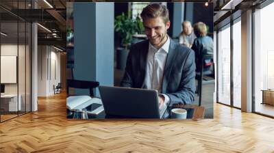 Attractive businessman using a laptop and smiling while working in cafe Wall mural