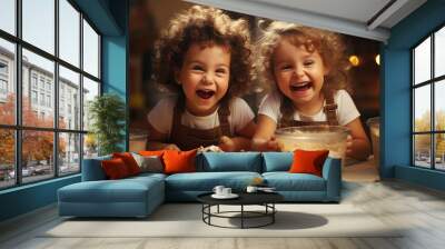 happy family funny kids are preparing, bake cookies in the kitchen. Wall mural