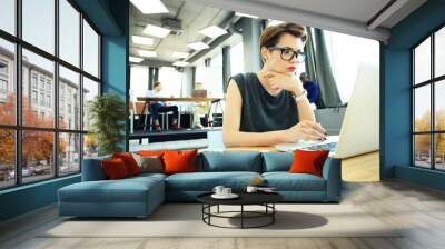 Hipster Woman use Laptop huge Loft Studio.Student Researching Process Work.Young Business Team Working Creative Startup modern Office.Analyze market stock,new strategy.Blurred,film effect. Wall mural