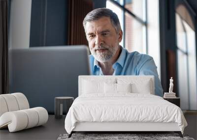 Mature businessman working on laptop. Handsome mature business leader sitting in a modern office Wall mural