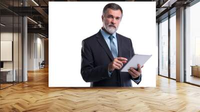 Portrait of aged businessman wearing suit and tie. Businessman in years standing on transparent background. Boss using tablet computer Wall mural