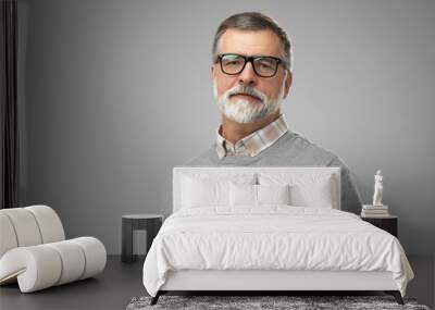 Portrait of happy casual mature man smiling, senior age man with gray hair, Isolated on gray background Wall mural