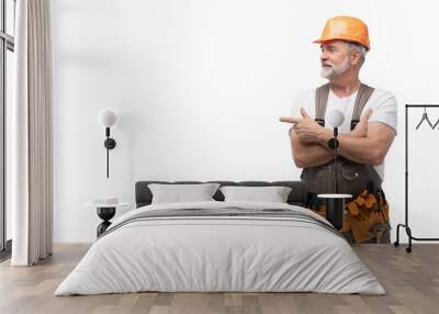 portrait of mature happy handyman presenting something isolated on transparent background Wall mural