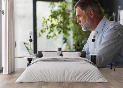 portrait of senior man with grey hair working with laptop in office. Wall mural