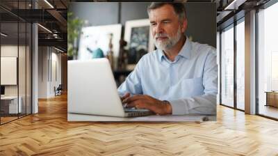 Portrait of senior man with grey hair working with laptop in office. Wall mural