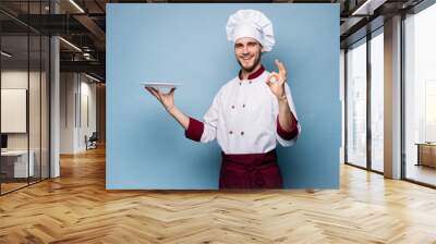 Positive professional happy man chef showing tasty ok sign isolated on light blue. Wall mural