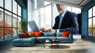 Senior businessman working on laptop computer in the office. Wall mural