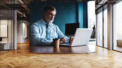 Senior man in office working on laptop computer Wall mural