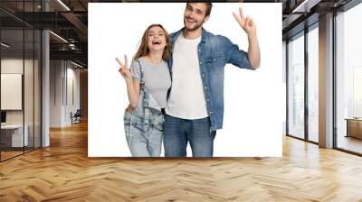 two amazing beautiful people lady handsome guy stand side by side showing v-sign symbols hands hugging wear casual denim shirts outfit clothes isolated on transparent  background Wall mural