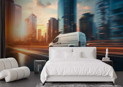 White modern delivery small shipment cargo courier van moving fast on motorway road to city urban suburb. Business distribution and logistics express service. Mini bus driving on highway on sunny day. Wall mural