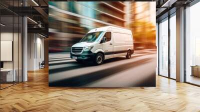 White modern delivery small shipment cargo courier van moving fast on motorway road to city urban suburb. Business distribution and logistics express service. Mini bus driving on highway on sunny day. Wall mural