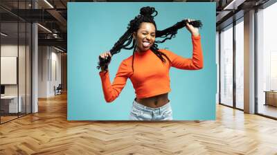 Young lovable woman with african hairstyle laughing during indoor photoshoot. Graceful cute girl Wall mural