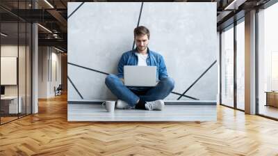 Young man working on laptop sitting on floor. Guy with computer reading news, surfing net or freelancing. Wall mural