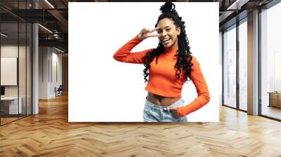 Young smiling friendly positive fun cool cheerful woman 20s showing victory sign isolated on transparent backround Wall mural