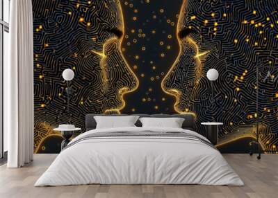 Abstract representation of two faces connected by glowing maze patterns Wall mural