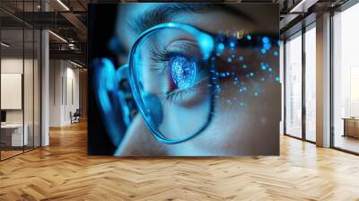 Close Up of Eye with Futuristic Digital Technology in Glasses Wall mural