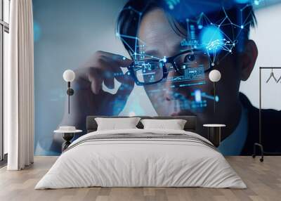 Futuristic Businessman Interacting with Holographic Screen Wall mural