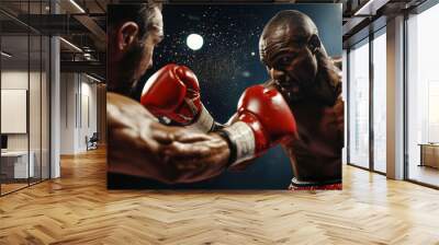 Two powerful African American boxers engage in fierce combat, muscles gleaming with sweat. Red gloves clash in dramatic lighting, capturing the intensity and athletic prowess of professional boxing. Wall mural