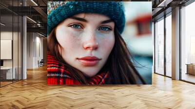 A stylish young woman outdoors in winter.. Wall mural