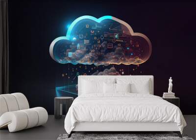 Digital informational technology web futuristic hologram with cloud icon, blue golden light digits and code background, cloud computing. Abstract Motion of digital data flow. - Generative AI Wall mural