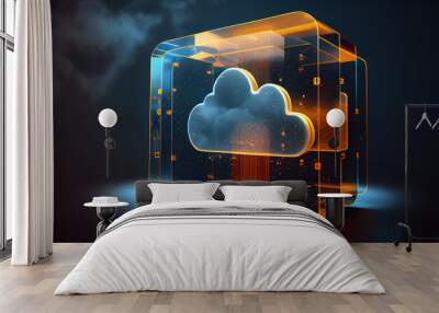 Digital informational technology web futuristic hologram with cloud icon, blue golden light digits and code background, cloud computing. Abstract Motion of digital data flow. - Generative AI Wall mural