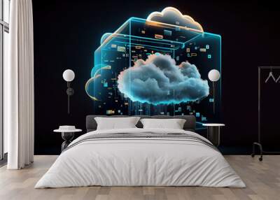 Digital informational technology web futuristic hologram with cloud icon, blue golden light digits and code background, cloud computing. Abstract Motion of digital data flow. - Generative AI Wall mural