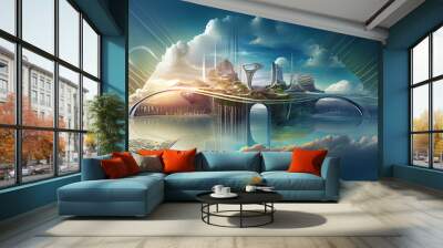 Green ecofriendly city of the future. Futuristic cloud floating city, data transfer, illustration sunrise, ocean, 2 cities connected by a hanging bridge, mountain, magical, landscape - Generative AI Wall mural