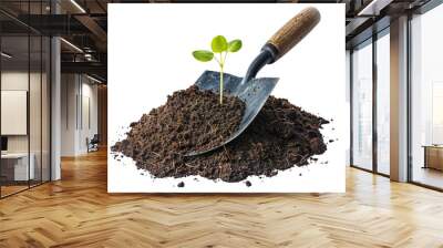 A pile of earth dirt with a small young sprout plant growing, a small garden shovel in soil, png isolated on white or transparent background Wall mural