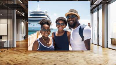 African american family in front of a cruise ship, happy, tourism and vacation concept, sea and cruise ship background, wearing sunglasses Wall mural