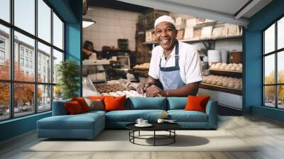 Baker smiling - wearing apron, behind the counter, bread, bakery, happy, generative ai Wall mural