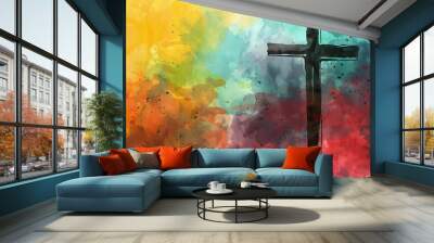 Christian cross on colorful watercolor style painting, copyspace background, christianity concept hd Wall mural