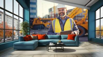 Civil engineer wearing hard hat and smiling holding a tablet, construction site background, happy positive manager or contractor, heavy machinery, hd Wall mural