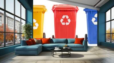 Colorful Recycling Wheelie Bins Set for Waste Sorting png, Collection of trash recycle bin in black yellow blue green and red, isolated on white or transparent background hd Wall mural